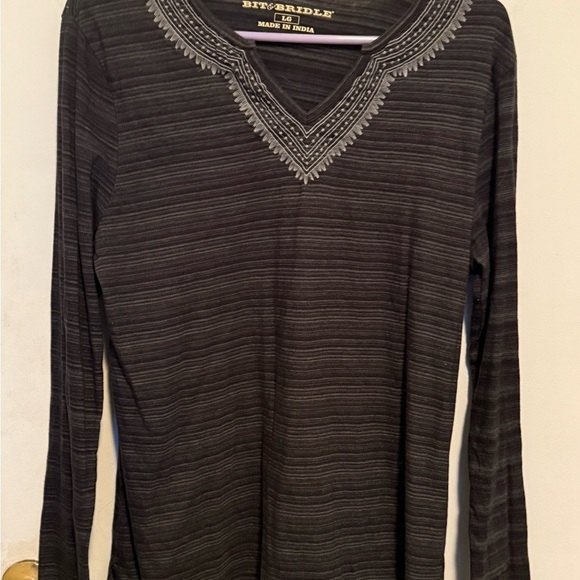 Bit & Bridle Tops - Bit & Bridle Charcoal Long Sleeve Top with Embroidery